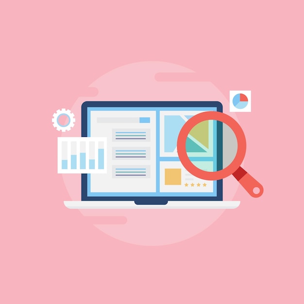 Optimización seo informe de seo de sitio web análisis de datos ilustración vectorial con íconos