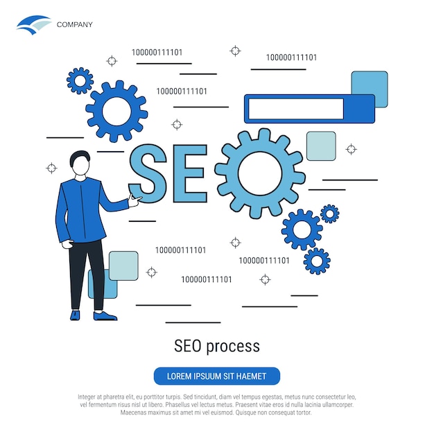 Optimización de seo procesamiento de información búsqueda web estilo de contorno plano ilustración del concepto vectorial