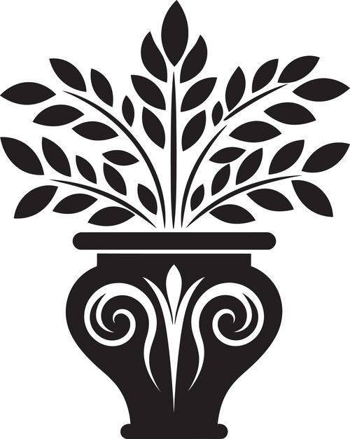 Opulencia orgánica Logotipo negro elegante con olla de plantas monocromática Elegancia eterna Borde europeo vintage