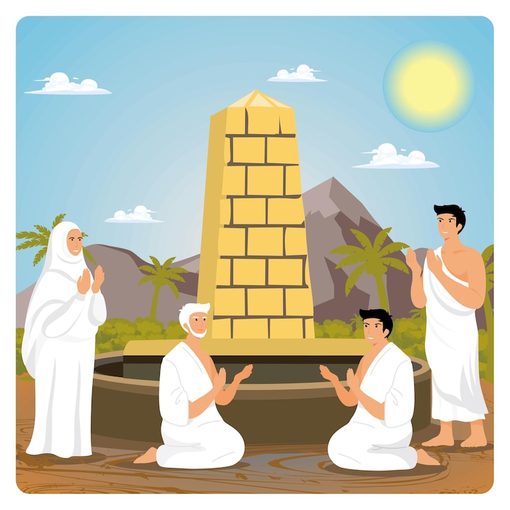 Vector oración en grupo durante los rituales religiosos en jamarat
