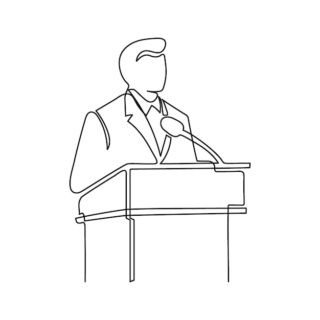 Orador hombre discurso detrás de la tribuna continua una línea orador en el podio por el maestro líder hablando