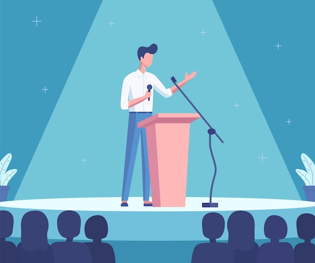 Un orador masculino habla en escena con un discurso en una presentación en una gran sala de conferencias llena de espectadores. Un político o empresario conferencia foro internacional Ilustración de vector plano