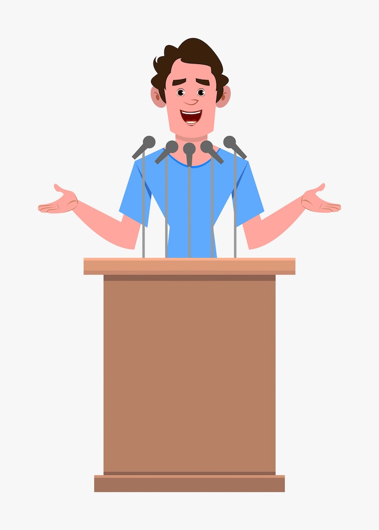 Vector orador de personaje de hombre de dibujos animados casual se encuentra detrás del podio y habla. personaje de dibujos animados de estilo plano para su diseño, movimiento o animación.