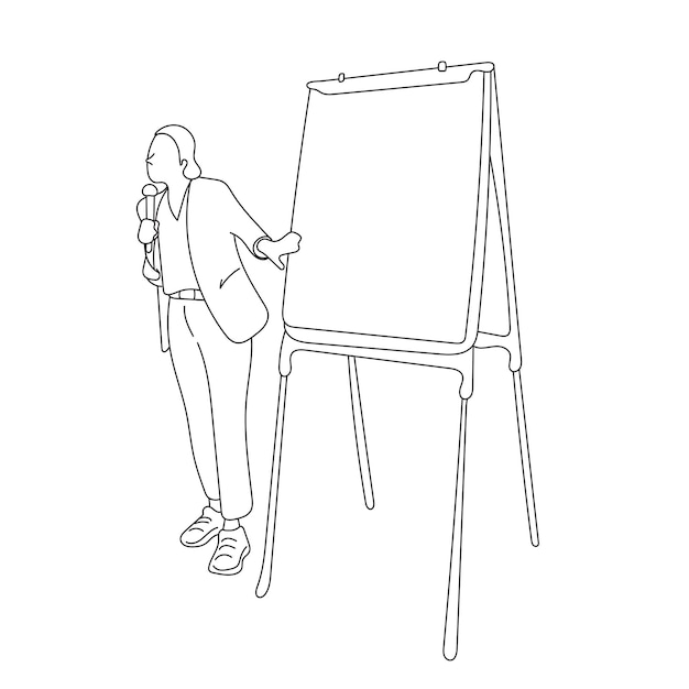 Oradora femenina señalando una presentación en una tabla blanca en blanco, ilustración vectorial dibujada a mano