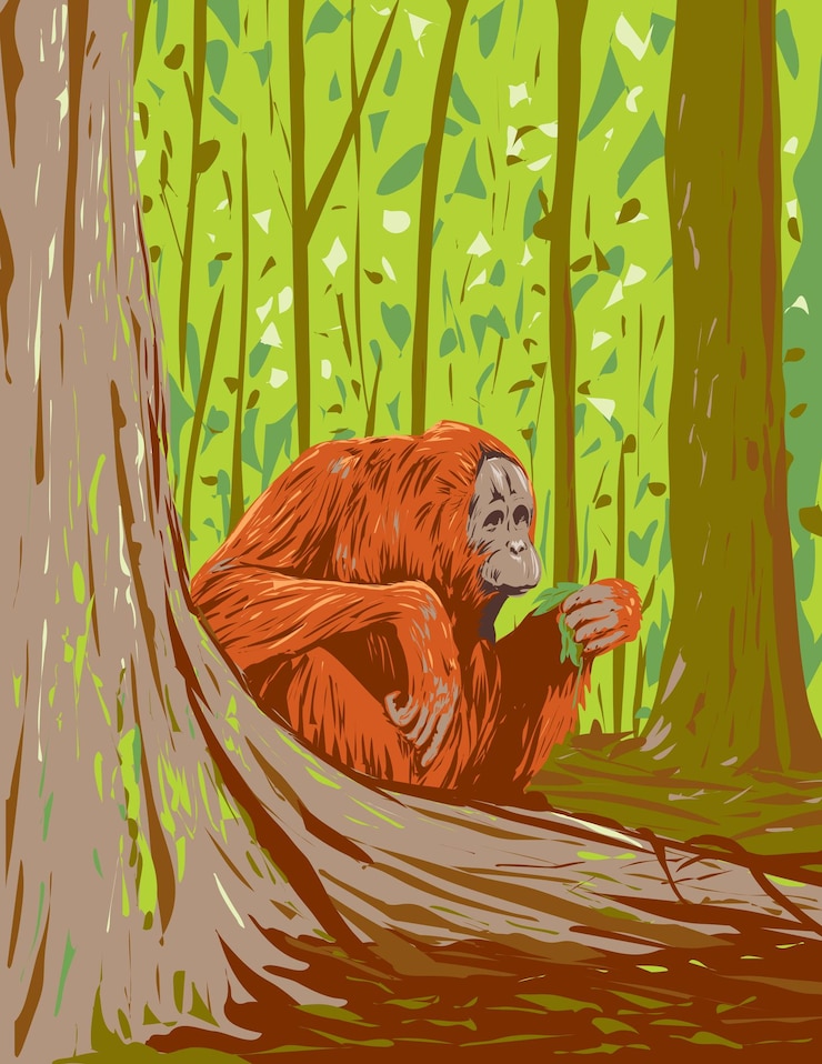 Vector orangutan en el parque nacional de kutai kalimantan oriental borneo indonesio art deco arte del cartel de la wpa