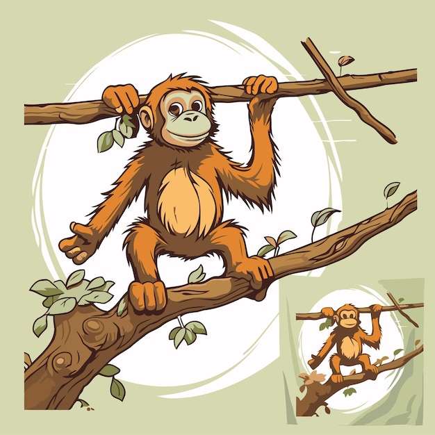 Orangután trepando en una rama de un árbol ilustración de dibujos animados vectorial