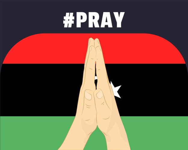 Vector orar por la ayuda de libia o apoyar el concepto de la bandera de libia con manos de oración