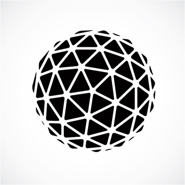 Orbe facetado en blanco y negro creado a partir de triángulos, esfera vectorial dimensional. Elemento de diseño geométrico de baja poli para uso en ingeniería y tecnología.
