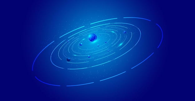 Órbita estrellada de bobina azul con planeta, fondo de vector de tecnología de Internet.