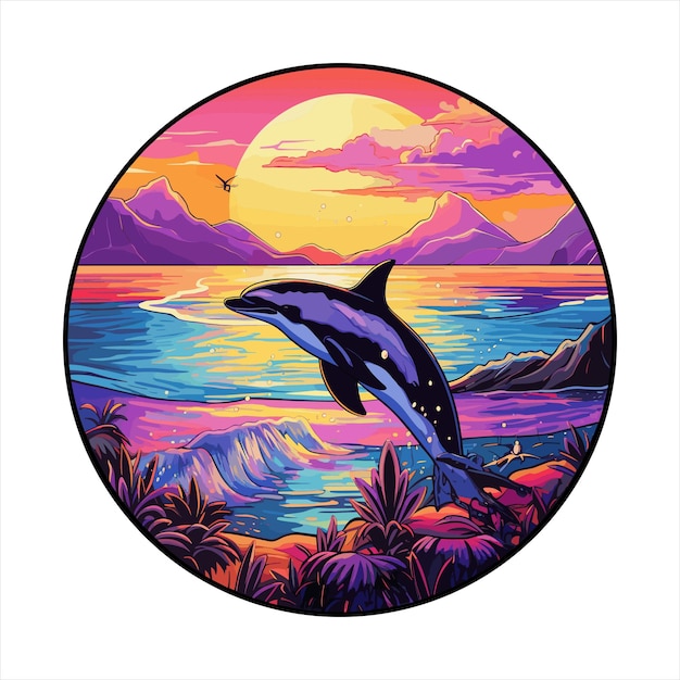 Vector orca dibujos animados coloridos kawaii personaje playa sunset animal pet sticker ilustración aislada