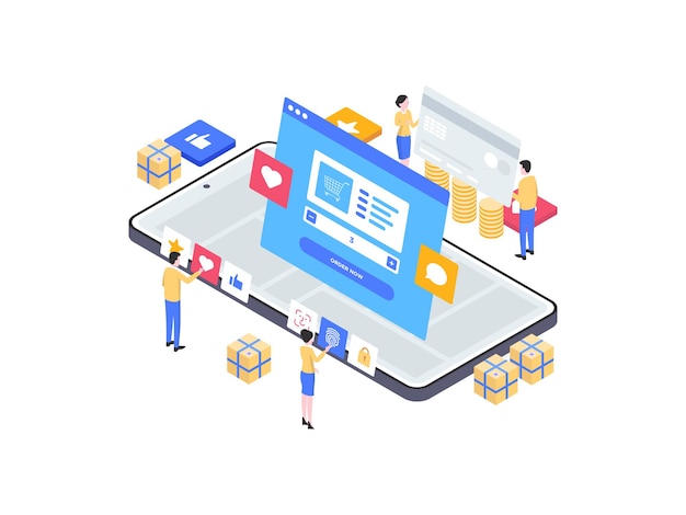 Orden de comercio electrónico en la ilustración isométrica móvil. Adecuado para aplicaciones móviles, sitios web, banners, diagramas, infografías y otros activos gráficos.