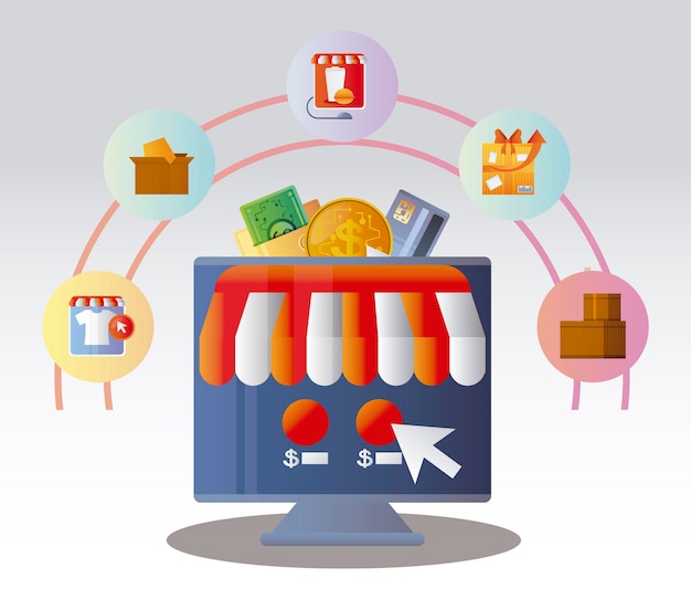 Orden de compras en línea haciendo clic en el botón ilustración de comercio electrónico