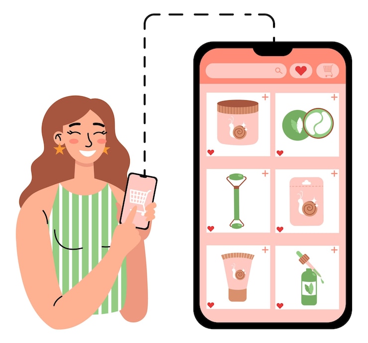 Vector orden cosmética en línea. mujer que usa la aplicación y compra en línea con el teléfono. compras en casa.
