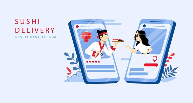 Orden de sushi en línea y concepto de entrega.