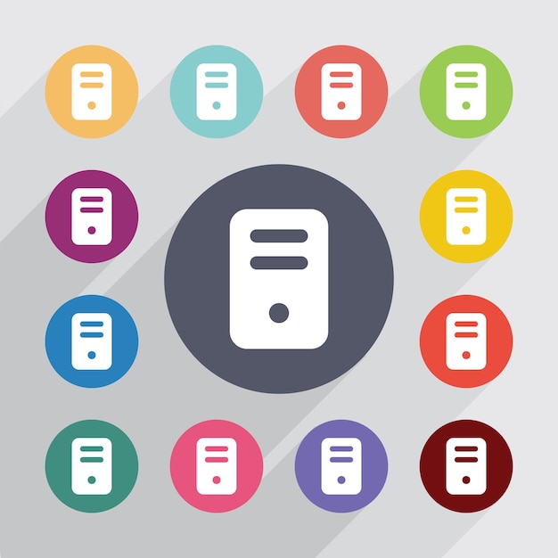 Ordenador, conjunto de iconos planos. Botones redondos de colores. Vector