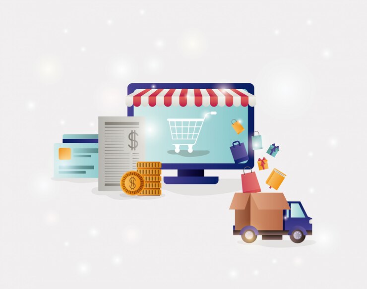Vector ordenador con iconos de sombrilla y comercio electrónico.