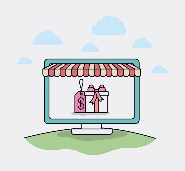 Vector ordenador con iconos de sombrilla y comercio electrónico.
