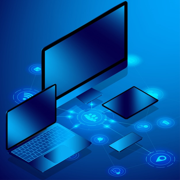 Ordenador portátil isométrico con los elementos infographic del smartphone y de la tableta, concepto de iot.