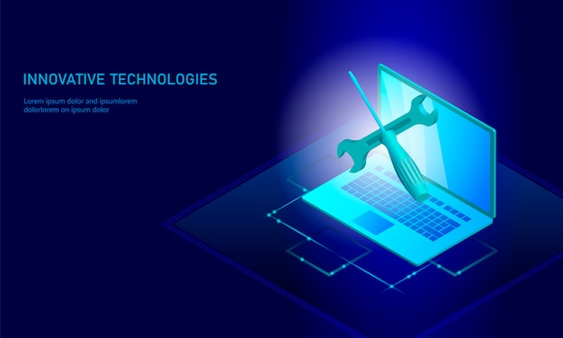 Ordenador portátil isométrico de la reparación del servicio informático, destornillador plano azul del soporte técnico 3d