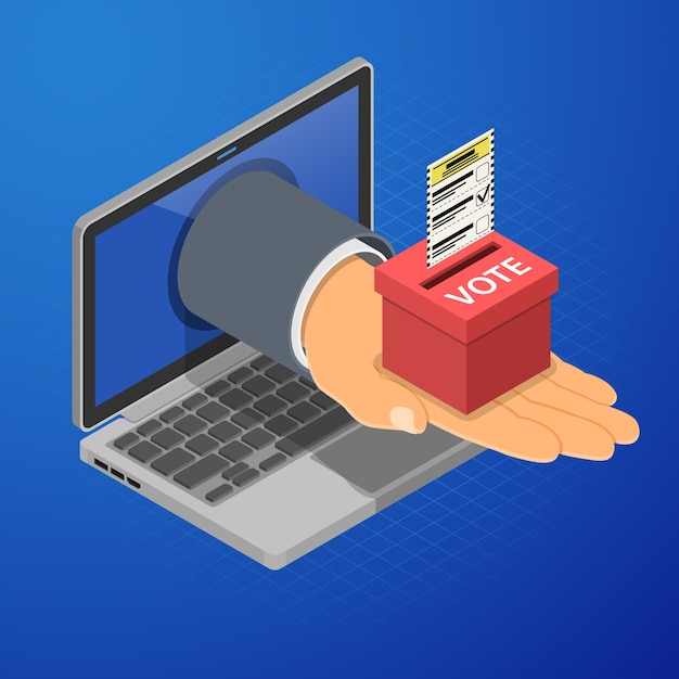 Ordenador portátil con mano, urnas y papeletas. Concepto de votación electrónica en línea de Internet. Iconos isométricos.