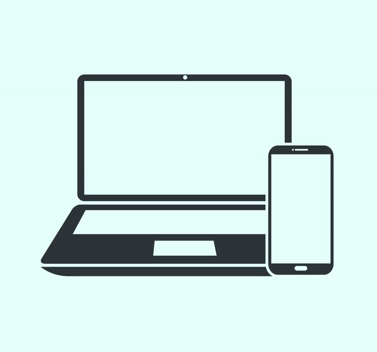 Vector ordenador portátil y teléfono inteligente aislado en azul