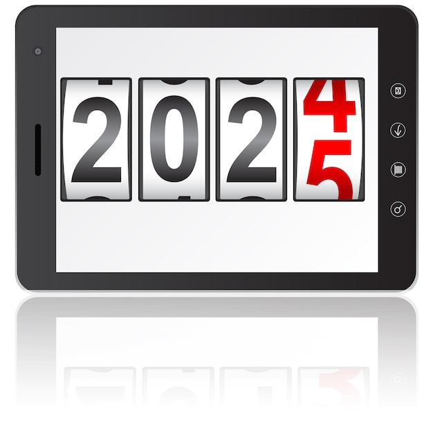 Ordenador tablet con contador de Año Nuevo 2025 aislado sobre un fondo blanco