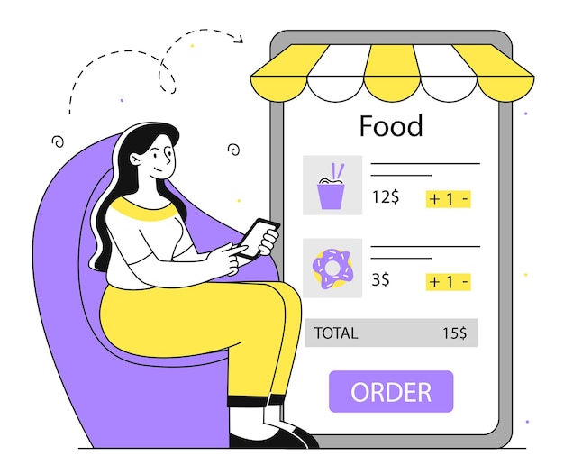 Ordenar comida por Internet concepto de esquema mujer con teléfono inteligente compras en línea y comprar comida para llevar y