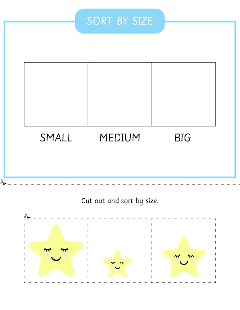 Ordenar por hoja de trabajo de tamaño para niños. Organiza lindas estrellas por tamaño. Juego educativo para centros de preescolar