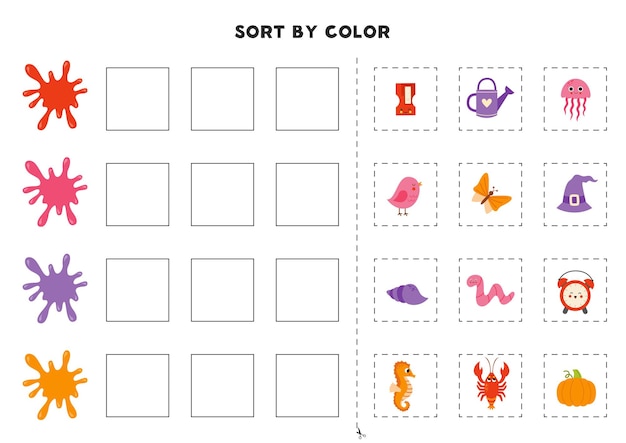Ordenar las imágenes por color Aprender colores básicos para niños Juego para niños Cortar y pegar