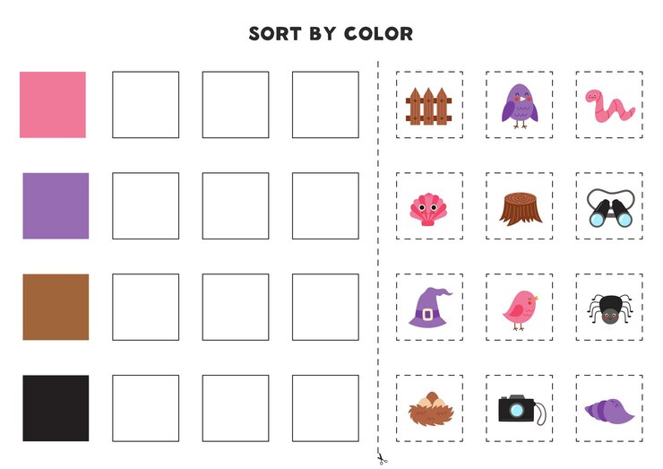 Vector ordenar las imágenes por color colores básicos para niños juego para niños cortar y pegar