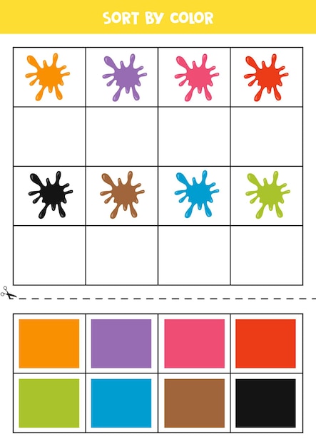 Ordenar las imágenes por color Manchas de pintura de colores Juego para niños Cortar y pegar