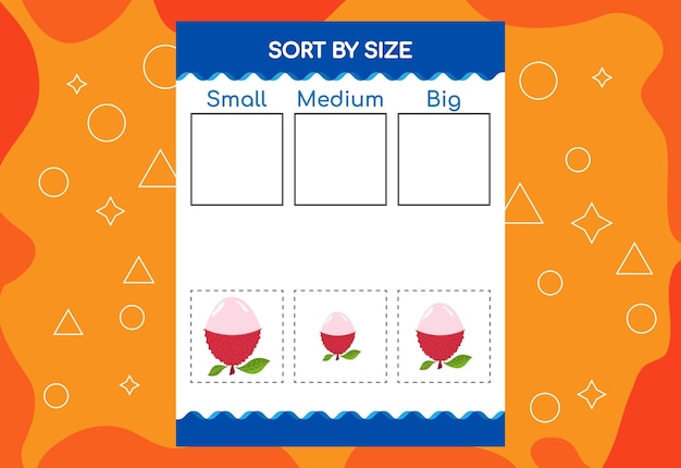 Vector ordenar imágenes por tamaño con hojas de trabajo educativas de frutas para niños