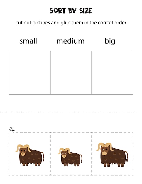 Ordenar lindo buey almizclero por tamaño hoja de trabajo educativa para niños