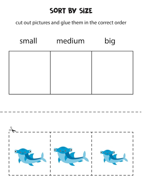 Ordenar lindo tiburón martillo por tamaño hoja de trabajo educativa para niños