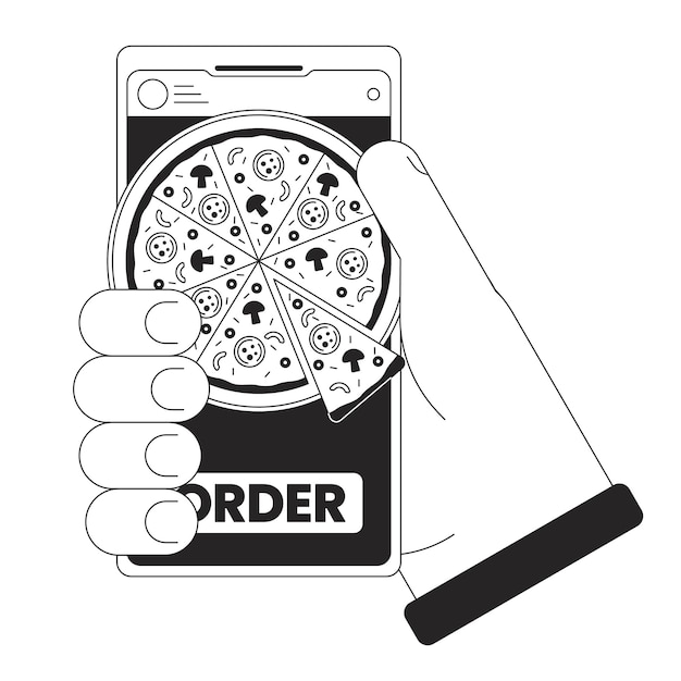 Ordenar pizza por teléfono inteligente bw concepto vector ilustración puntual teléfono en la mano aplicación de pedidos de alimentos 2D dibujos animados línea plana mano monocromática para interfaz de usuario web diseñable contorno aislado imagen de héroe