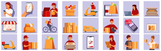 Ordenar productos iconos de inicio conjunto vector de dibujos animados usuario móvil