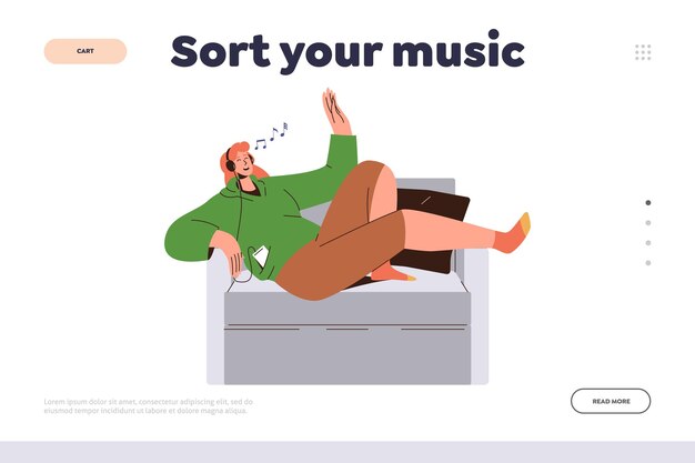 Ordene su página de inicio de música con una mujer feliz de dibujos animados escuchando canciones de selección individual