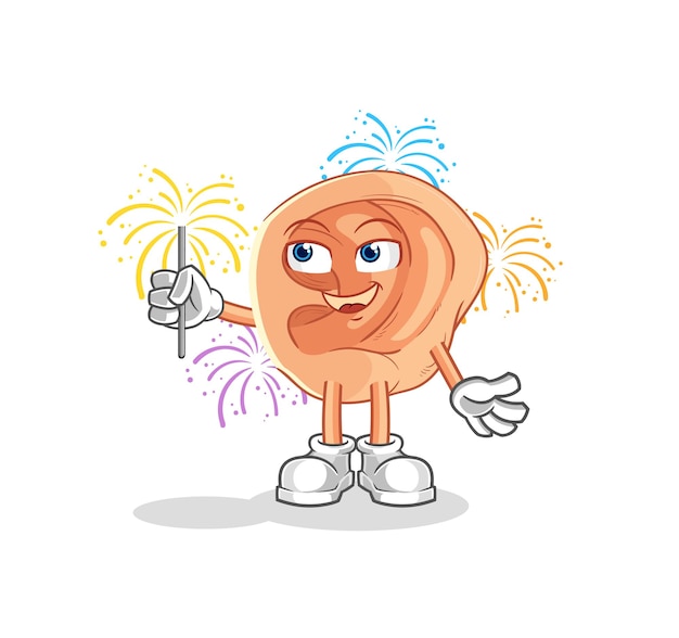 Oreja con vector de dibujos animados de mascota de fuegos artificiales