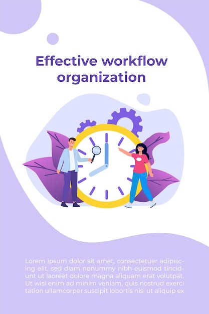 Organización eficaz del flujo de trabajo, proceso de trabajo en equipo, respeto de los plazos, concepto de jornada laboral eficiente. Ilustración vectorial.