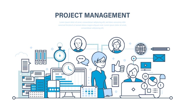 Organización de gestión de proyectos del proceso de trabajo y tiempo de trabajo en equipo.
