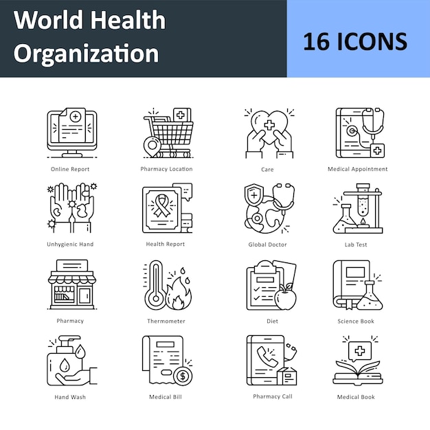 Organización Mundial de la Salud Vector contorno icono conjunto EPS 10 archivo conjunto 05