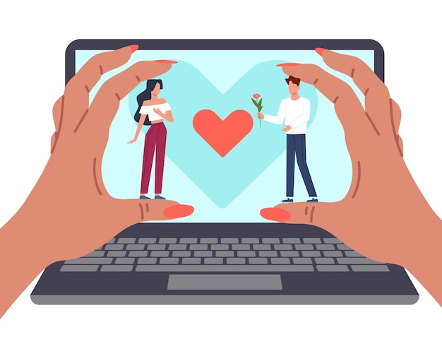 Organización de reuniones personales La persona trabaja en la computadora y ayuda a organizar una cita romántica Gestión de citas de amantes Computadora portátil y manos femeninas Aplicación para citas Concepto vectorial