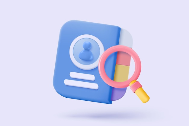 Organizador de archivos de libro de contactos 3D con búsqueda o lupa signos de icono para la investigación para negocios de contacto guía telefónica conceptos de comunicación biblioteca de libros de texto 3D icono vector render ilustración