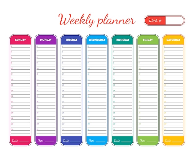 Organizador de negocios de plantilla colorida de planificador semanal para trabajo de oficina, evento y nota aislado sobre fondo blanco. ilustración vectorial