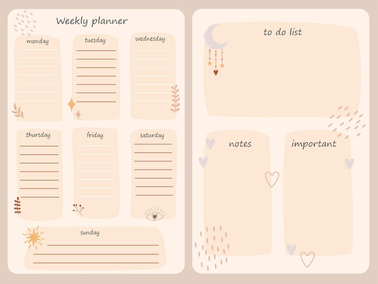Vector organizador de papelería de notas de planificador semanal de vector rosa para horarios de planes diarios