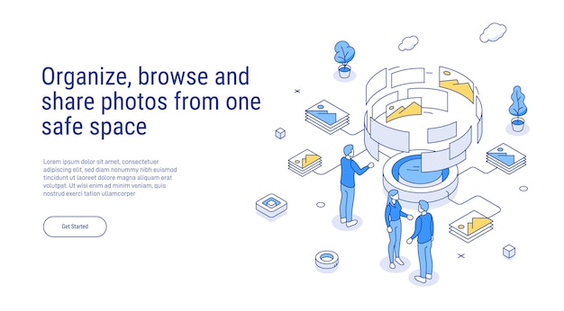 Vector organizar, navegar y compartir fotos desde un espacio seguro la gente está al lado de una gran cantidad de datos