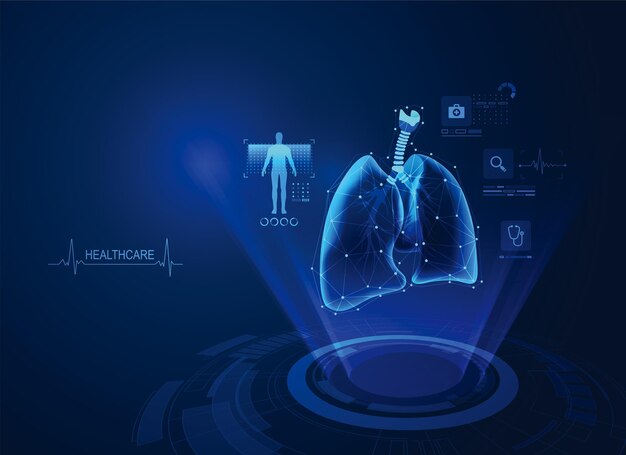 Vector Órgano médico de pulmones humanos concepto temático de marco de alambre de baja poli sobre fondo azul vector de ilustración