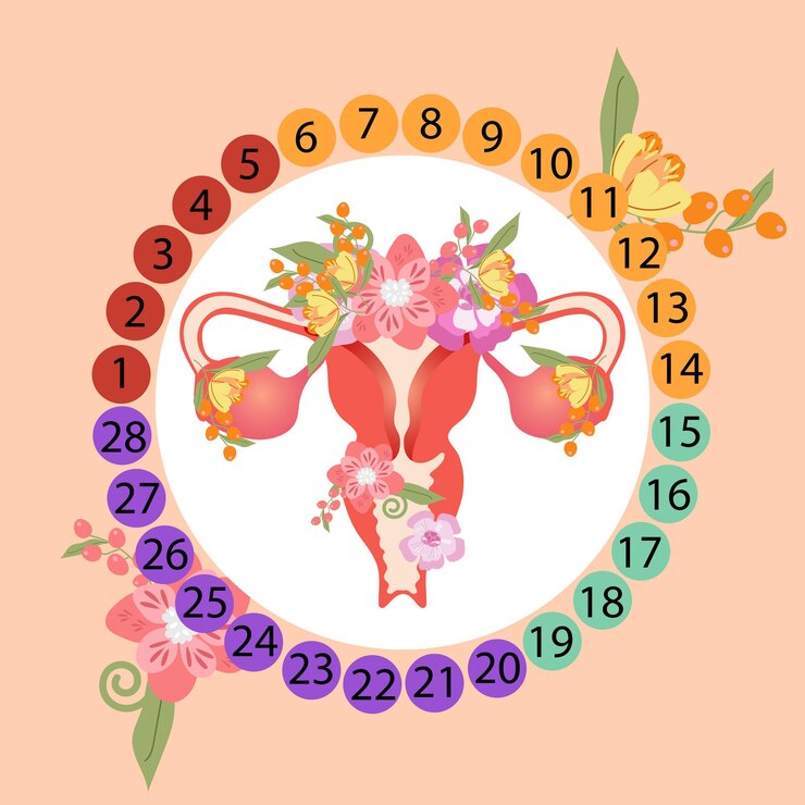Vector órgano reproductor femenino con ovulación de calendario y flores en ilustración vectorial