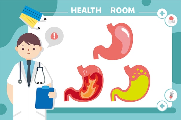 Órganos humanos Síntomas estomacales Concepto de vector de salud Ilustración de atención del personal del hospital