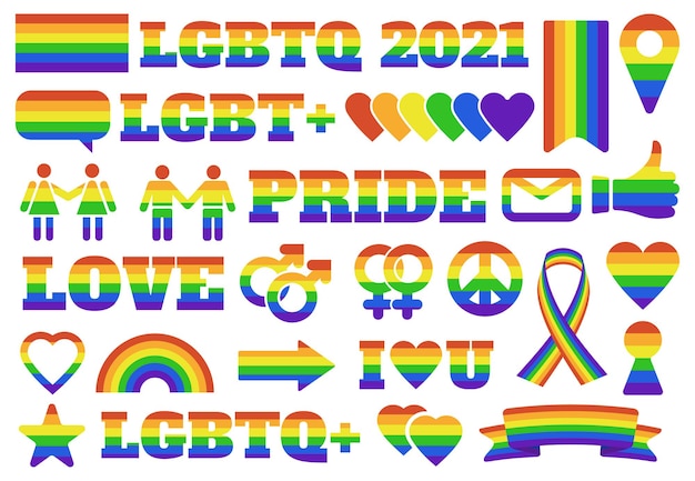 Orgullo símbolos lgbtq. elementos del desfile gay, signos de género del arco iris de la comunidad lgbt, bandera del orgullo y corazones. conjunto de emblemas del mes del orgullo.